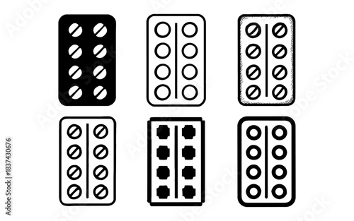 Various styles of pill blister packs in black and white design