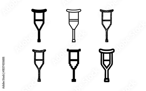 Diverse crutch designs in hand drawn and pixel styles for medical themes