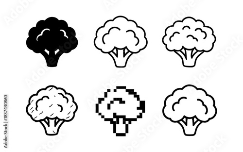 Variety of broccoli icons in different styles for modern graphic design