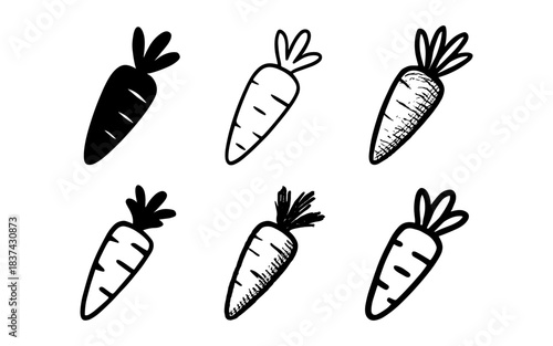 Hand-drawn carrot collection: black and white doodle style
