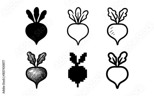 Diverse radish icon set in various artistic styles