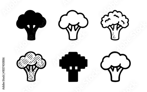 Collection of six minimalist black and white broccoli designs