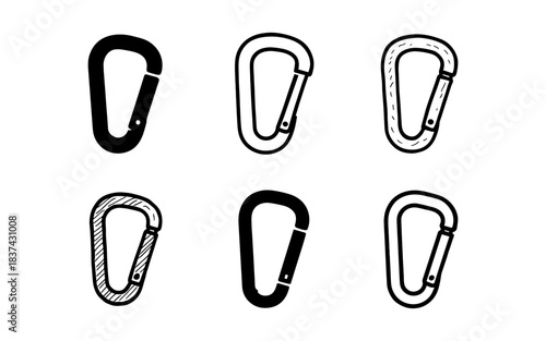 Set of six carabiners in various hand drawn styles on white background
