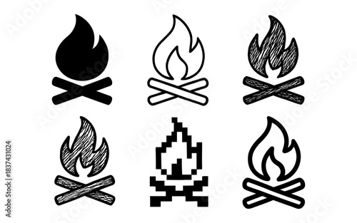 Set of six campfire icons in various styles including sketch and pixel art designs
