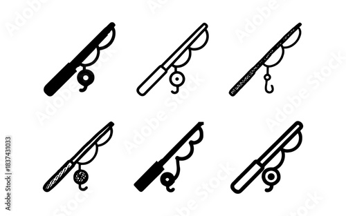 Set of fishing rod icons in simple silhouette style