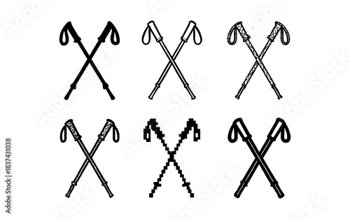 Set of six crossed walking poles with diverse styles and textures