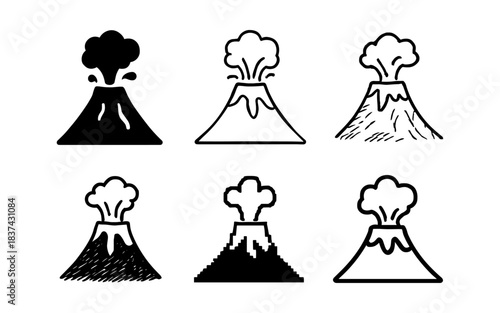 Set of hand drawn volcano eruption icons in black and white