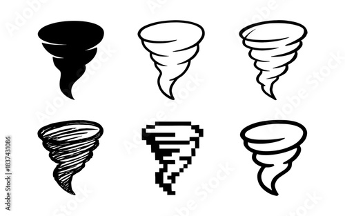 Diverse tornado designs in various artistic styles including pixel and outline