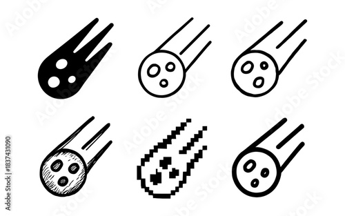 Six meteor icon styles: silhouette, sketch, and pixel art design variations