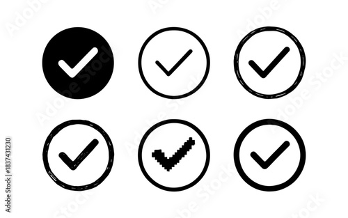 Diverse check marks: solid, outline, grunge, and pixel variations