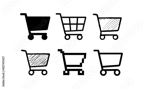 Diverse shopping cart icons in various artistic styles