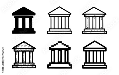 Variety of bank icons in different styles including outline and sketch