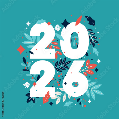 2026 decorative floral numbers on turquoise background