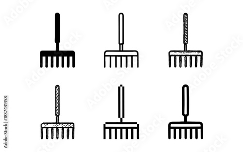 Variety of gardening rakes: black and white designs in different styles