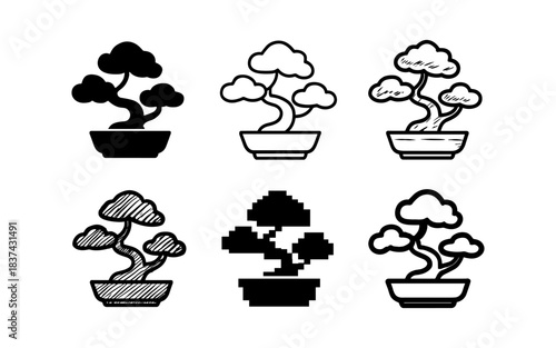Diverse bonsai tree designs: silhouette, sketch, and pixel styles