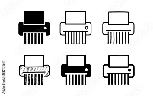 Six styles of paper shredders: monochrome, sketch, outline, and more