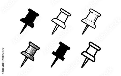 Hand drawn push pin set: monochrome variations in black and white