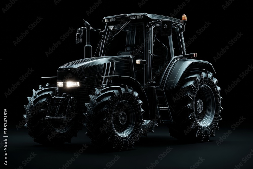 Obraz premium Silhouette of Black Tractor in 3d Render on Black Background Showcasing Details and Features in High Resolution
