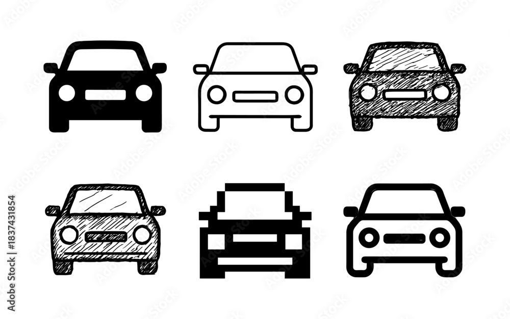 Obraz premium Set of six car front view designs in varied styles including sketch and geometric