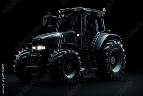 Silhouette of Black Tractor in 3d Render on Black Background Showcasing Details and Features in High Resolution