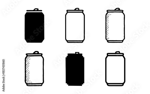 Collection of soda cans in various styles: silhouette, outline, and sketch