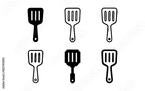 Set of spatula icons in diverse styles including pixel and grunge