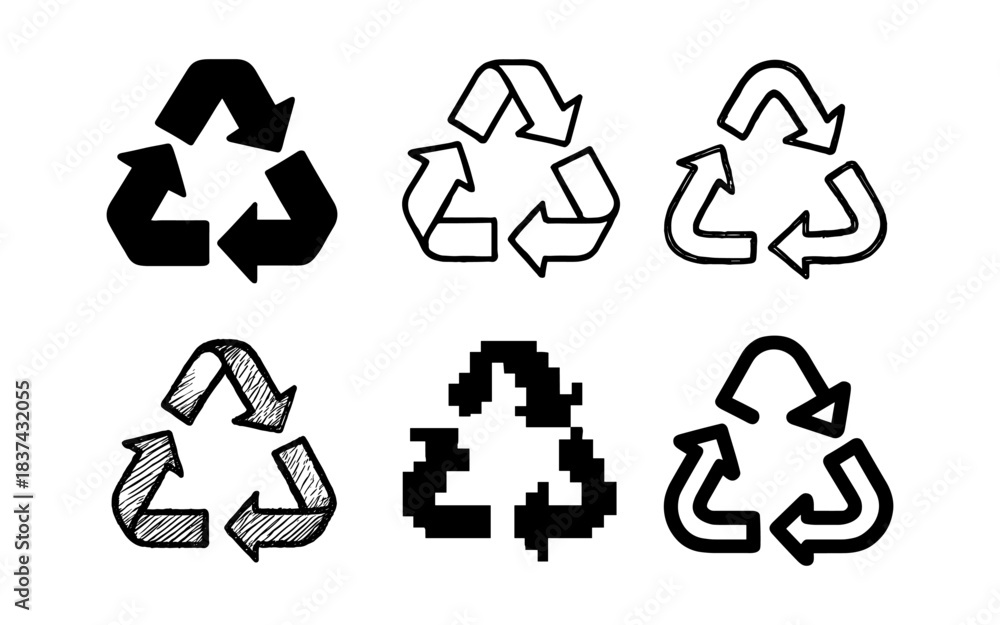 Obraz premium Diverse recycling symbols: sketch, pixel, and bold arrow designs