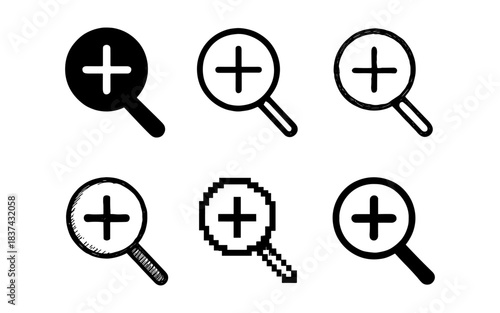 Magnifying glass icons with plus symbol in various styles