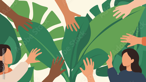 A diverse group of hands gently touching lush green leaves, representing collective environmental stewardship and global unity.