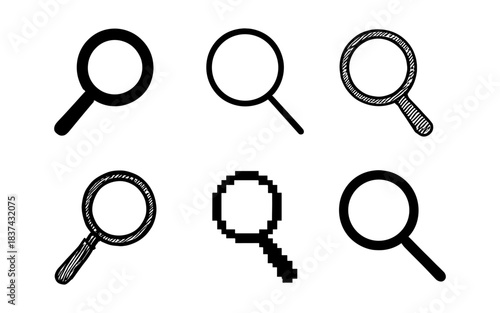 Set of magnifying glasses in various artistic styles and designs