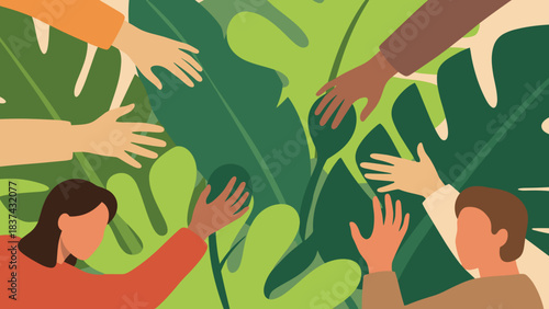 Diverse hands reaching into a lush green plant environment, symbolizing collective care for nature and community.