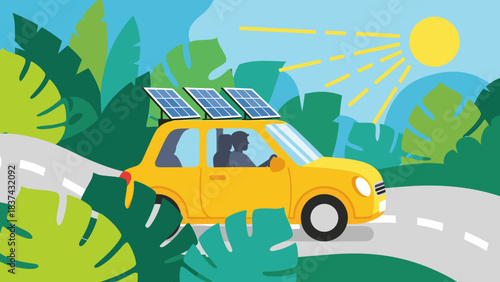 Sunny countryside journey featuring a solar powered car cruising along a lush green landscape.