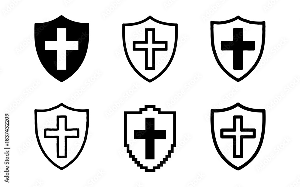 Fototapeta premium Cross emblem shield designs: minimalist, pixel, outline, and brush variations