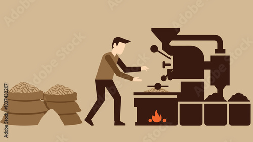 Worker operating industrial machine in a traditional processing scene with sacks nearby.