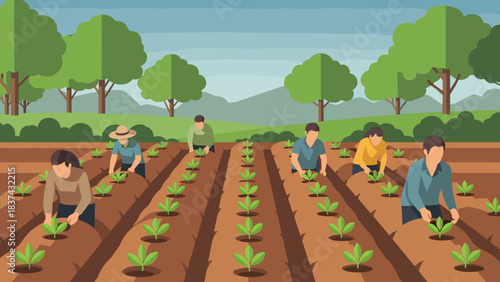Smallholders and Farm Workers Tending Rows of Crops in a Wide Rural Field Under a Sunny Sky.