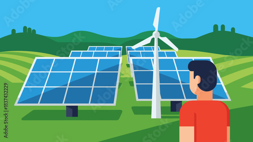 A man observes a vast field of solar panels and a wind turbine in a lush green landscape, representing renewable energy.