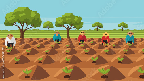 Animated scene of diverse farmers cultivating a field, planting small green sprouts in neat rows under a clear blue sky.