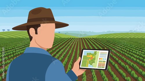 Farmer Using Tablet to Monitor Vineyard Fields Under Blue Sky and Sunlight.