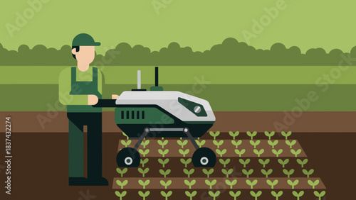 A farmer operates an advanced agricultural robot tending rows of newly planted crops in a field.