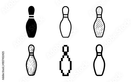 Variety of bowling pin designs: silhouette, doodle, pixel art, and more