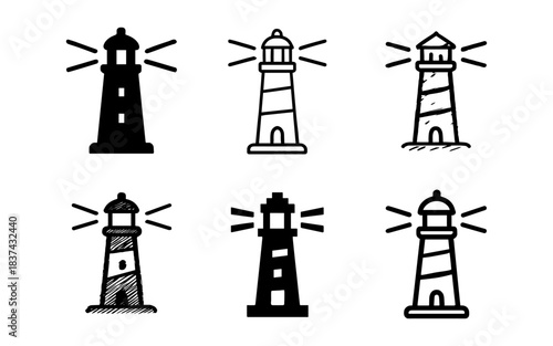 Set of six lighthouse icons in various sketched and silhouette styles