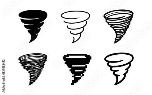 Tornado icons set: diverse tornado designs for weather symbols in minimalist styles