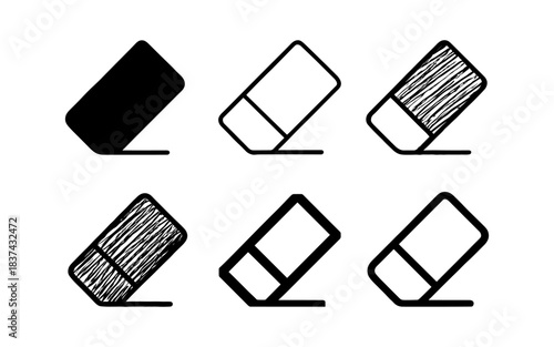 Set of eraser icons: sketch and outline minimal design variations