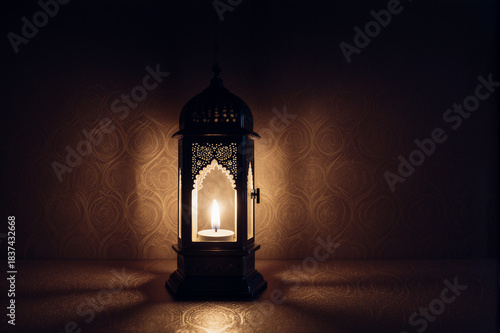 Glowing lantern for Mirac Kandili holy night. Islamic spiritual celebration concept.