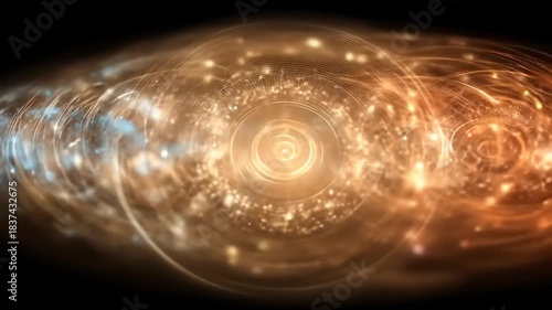 Abstract Golden Light Swirls and Particles on Black Background, Dynamic Energy Flow.