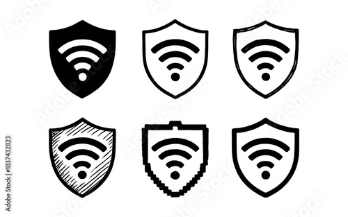 Set of wifi signal icons on shields in various styles
