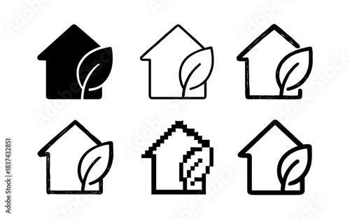 Diverse eco house icons in minimalist and pixelated styles