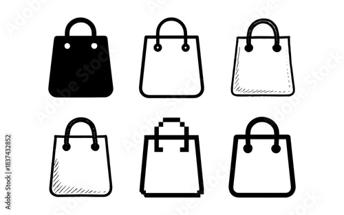 Set of six shopping bag icons in various styles for retail needs