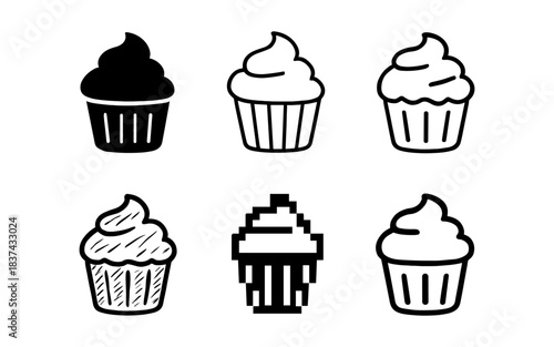 Black and white cupcake icons in various artistic styles