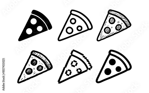 Hand drawn pizza slices with various toppings and styles in black and white